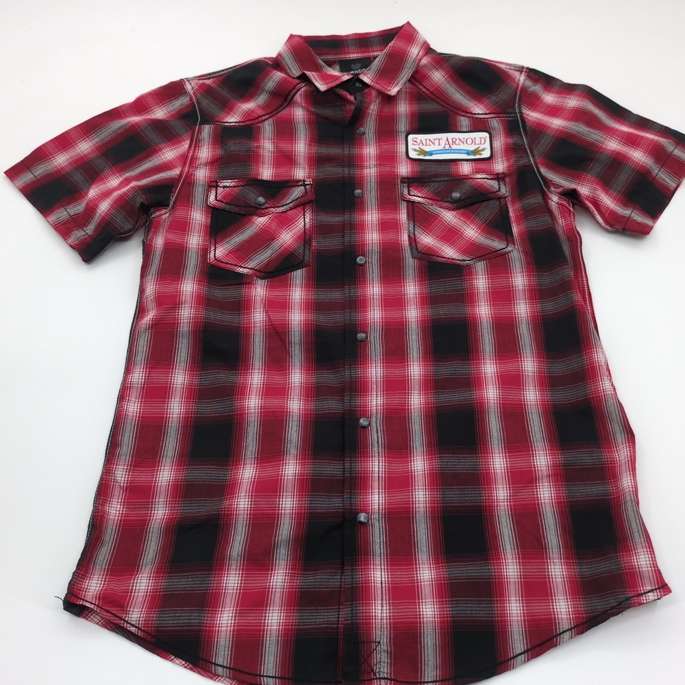 Burnside Saint Arnold Brewing Co Mens Small Red Black Plaid Western Snap Shirt